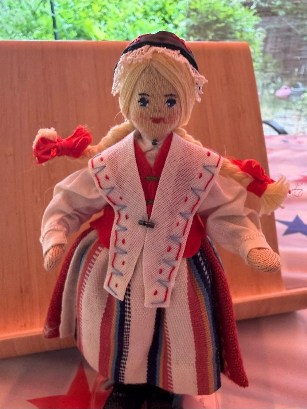 Handcrafted Girls Traditional Red & White Doll in Striped Dress